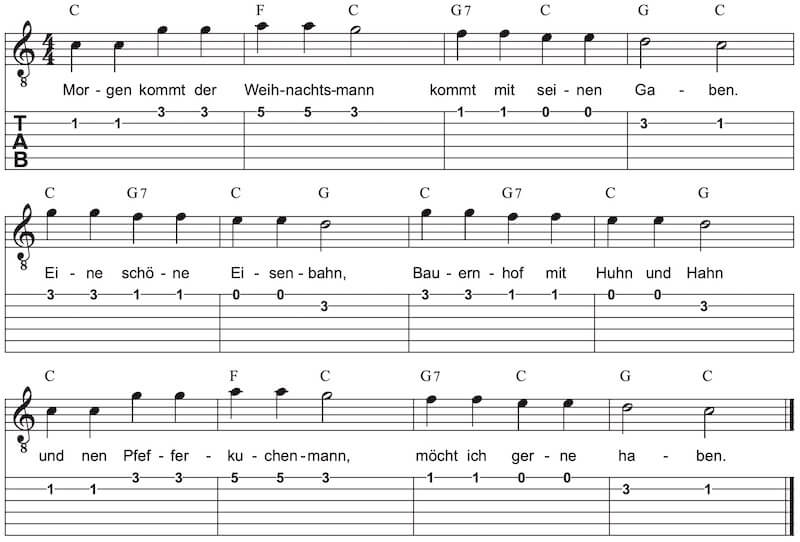Morgen kommt der Weihnachtsmann Melodie Weihnachtslied Morgen kommt der Weihnachtsmann Gitarre
