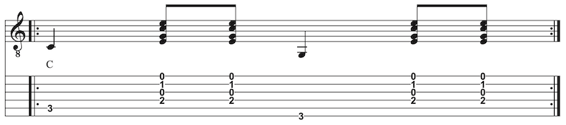 C-Dur Gitarre rhythmus mit Wechselbass